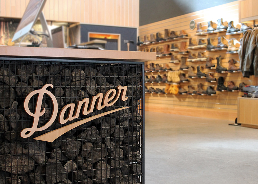 close shot of the Danner sales counter featuring local laval rock